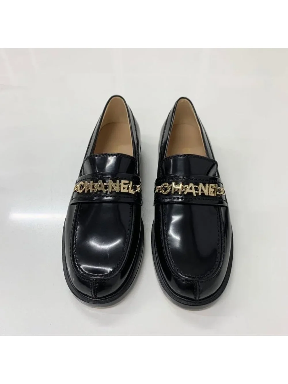 Chanel Patent Logo CC Chain Loafers Black